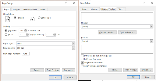 Screenshot of the Microsoft Excel Page Setup dialog box, with the 'Page' tab on the left displaying orientation, scaling, and paper size options, and the 'Header/Footer' tab on the right showing header and footer customization fields.
