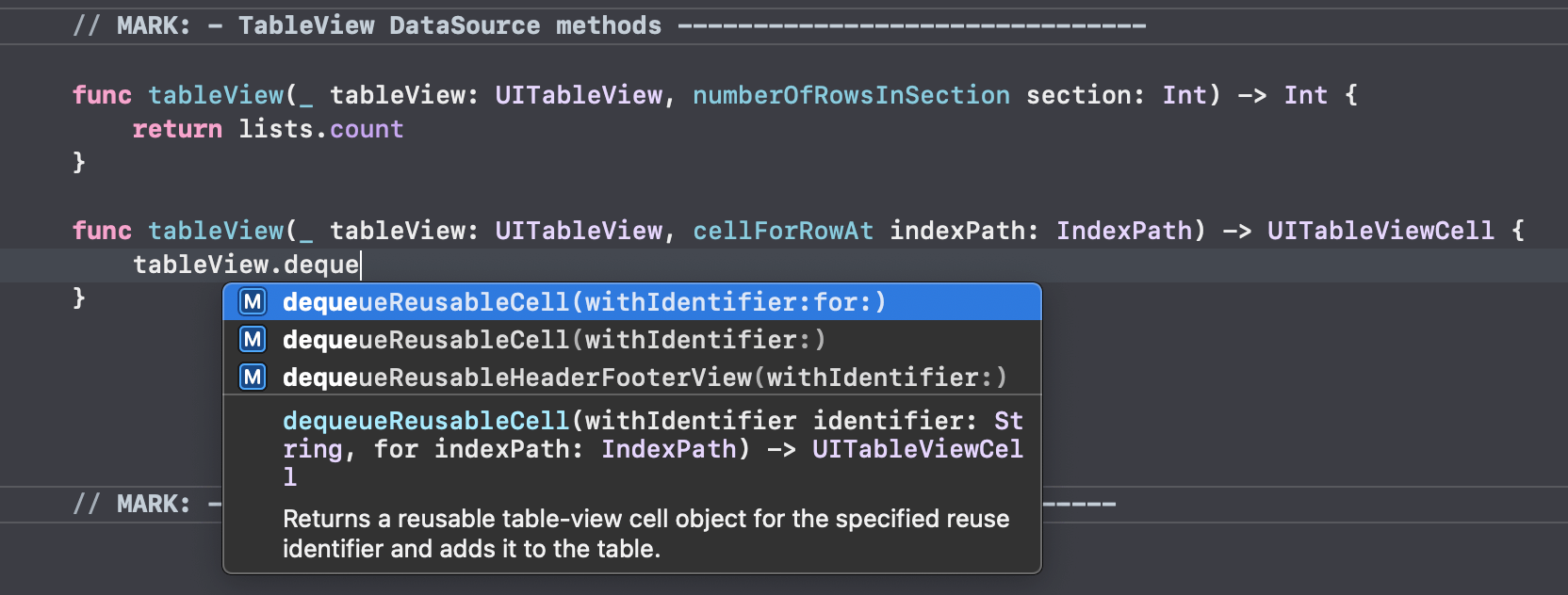 lists dequeueReusableCell