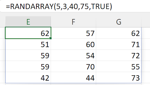 Screenshot of a Microsoft Excel worksheet using the formula =RANDARRAY(5,3,40,75, TRUE), displaying random integer values in columns E, F, and G.