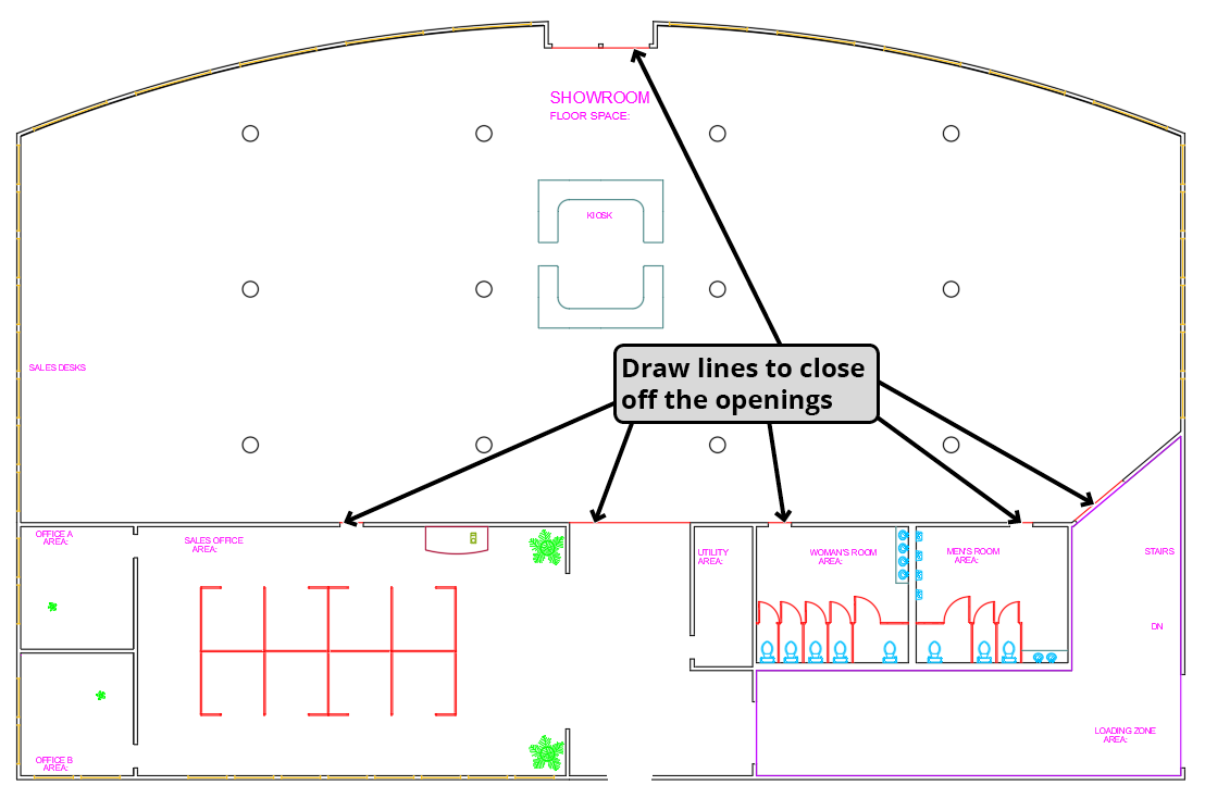furniture showroom draw lines close off openings