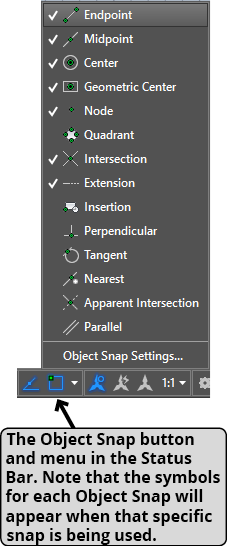 object snap menu in status bar