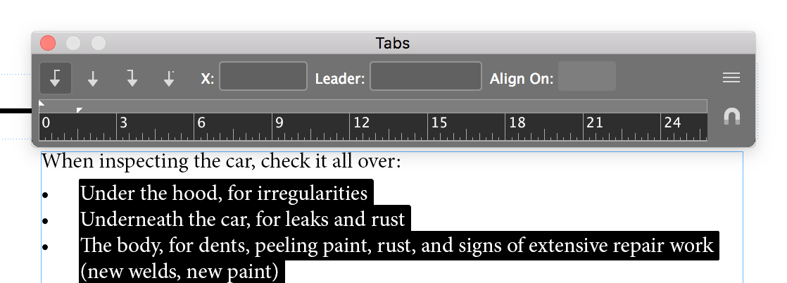 bulleted list tabs alignment