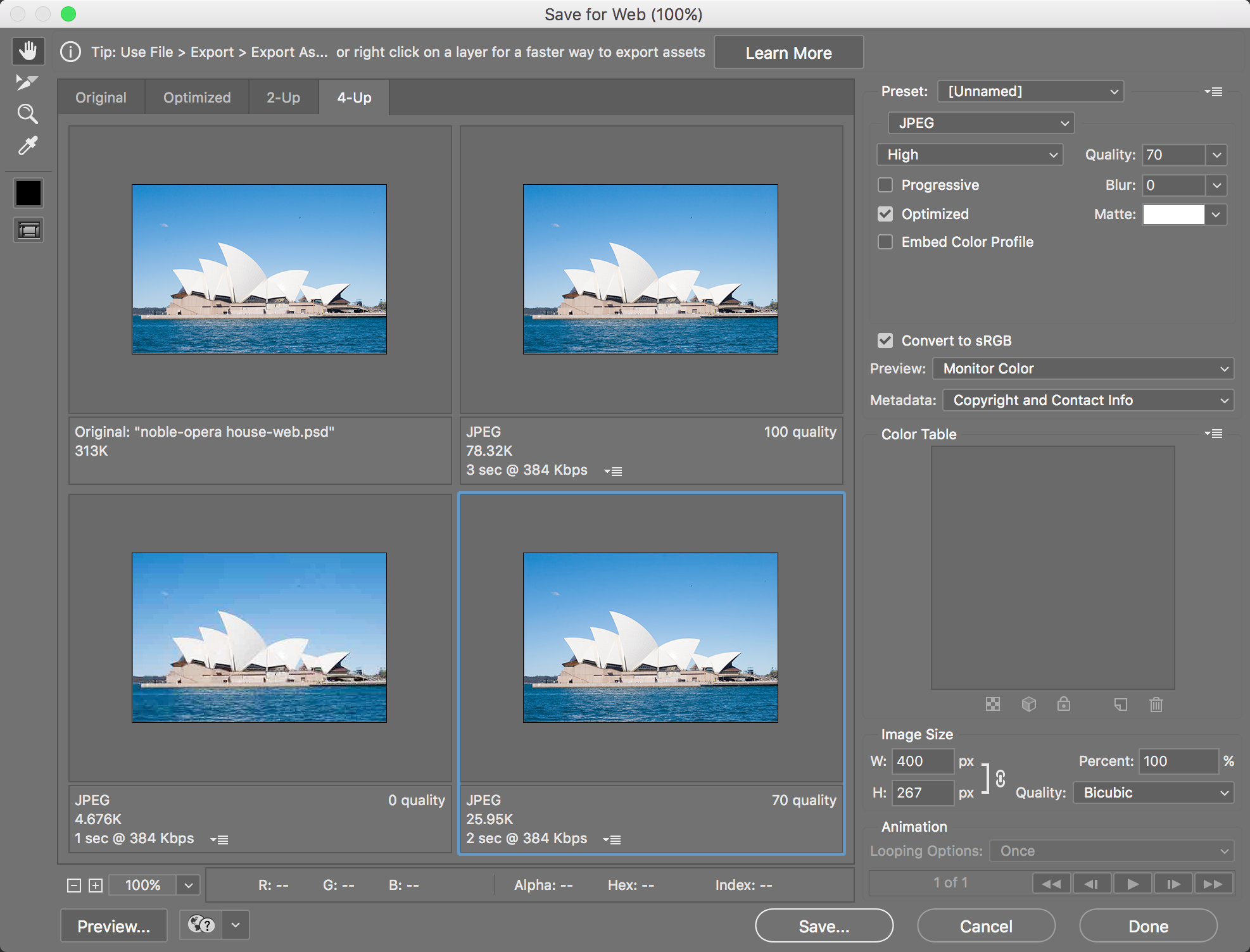 save for web dialog jpeg