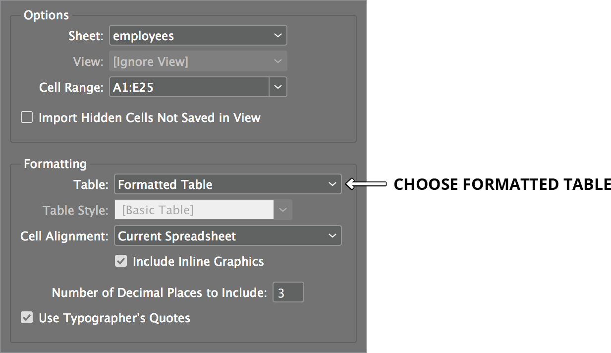 table import options