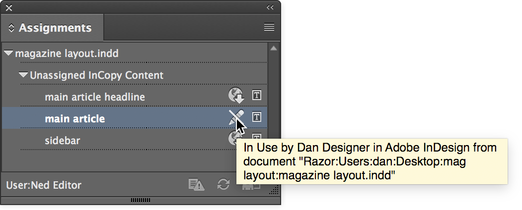 assignments panel someone else has file checked out