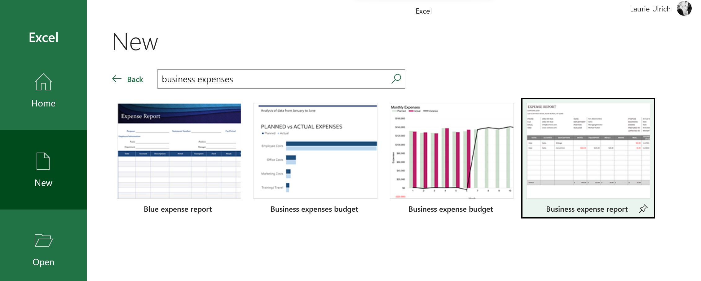Screenshot of Microsoft Excel's 'New' page with 'business expenses' entered in the search bar, displaying multiple expense-related templates such as a Blue Expense Report, a Business Expense Budget, and a Business Expense Report.