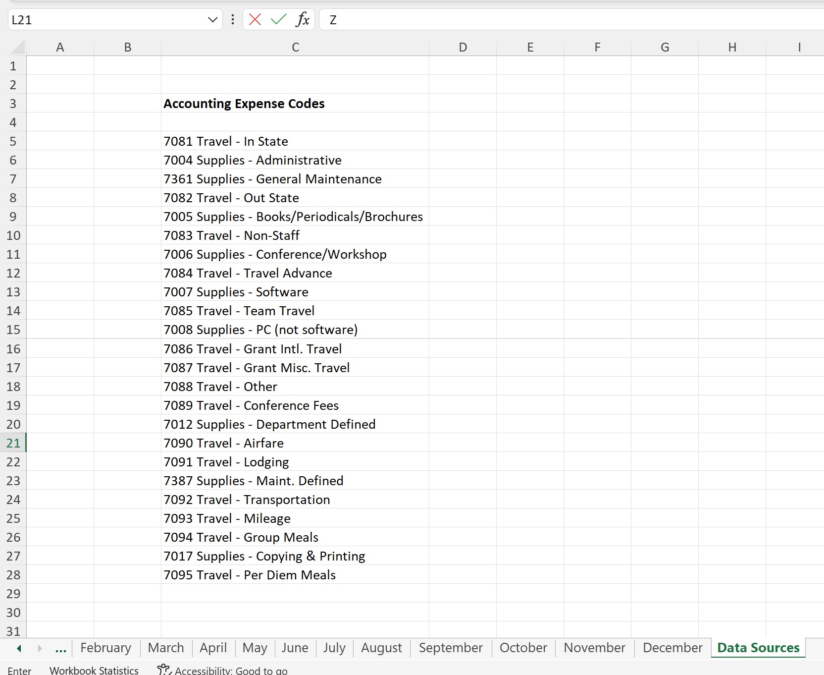 Expense Codes On Data Sources Sheet 1