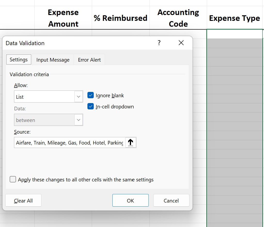 List Of Expense Types For Data Validation