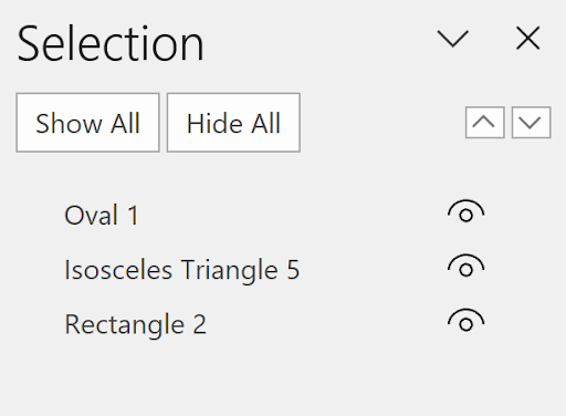 Selection Pane interface showing shape hierarchy