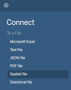 Screenshot of a data visualization tool's 'Connect' panel, listing file connection options including Microsoft Excel, Text file, JSON file, PDF file, Spatial file, and Statistical file.