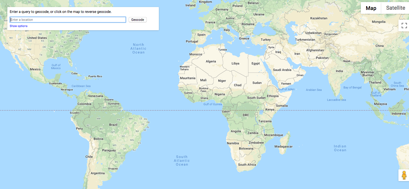 Screenshot of a web-based map interface displaying the world map in default Map/Satellite view. A text field prompts, 'Enter a query to geocode or click on the map to reverse geocode, ' allowing users to search or perform reverse geocoding.