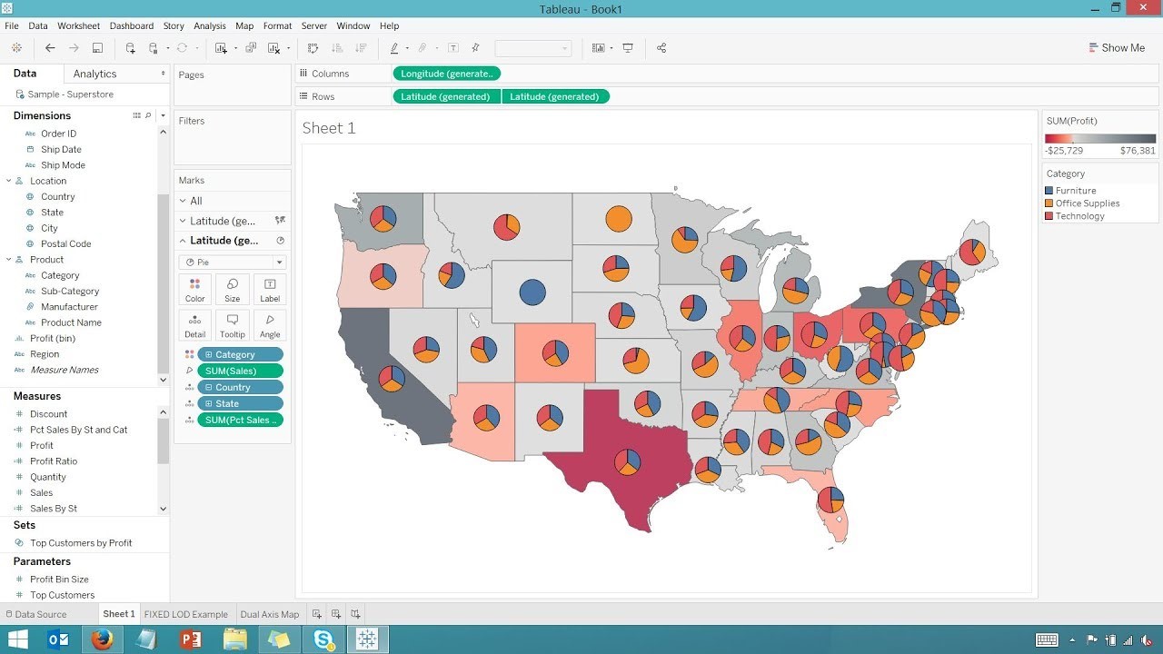 Screenshot of a US map in a data visualization tool (e.g., Tableau), with each state color-shaded and featuring embedded pie charts that show the distribution of various categories or metrics for each state.