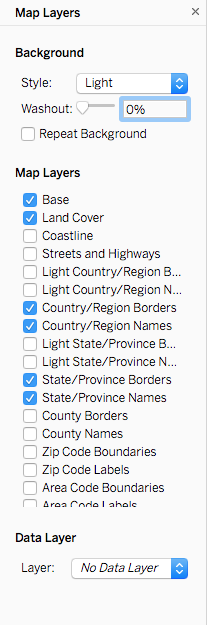 Screenshot of the 'Map Layers' panel with a 'Style' dropdown set to 'Light, ' a 'Washout' slider at 0%, and several checkboxes such as Base, Land Cover, Coastline, Country/Region Names, State/Province Borders, and Zip Code Boundaries. The Data Layer dropdown shows 'No Data Layer' selected.