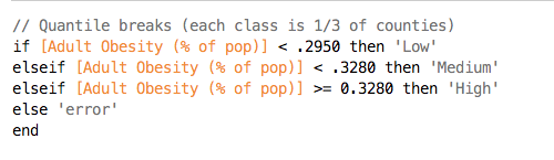 Tableau calculated field formula defining quantile breaks for obesity rates