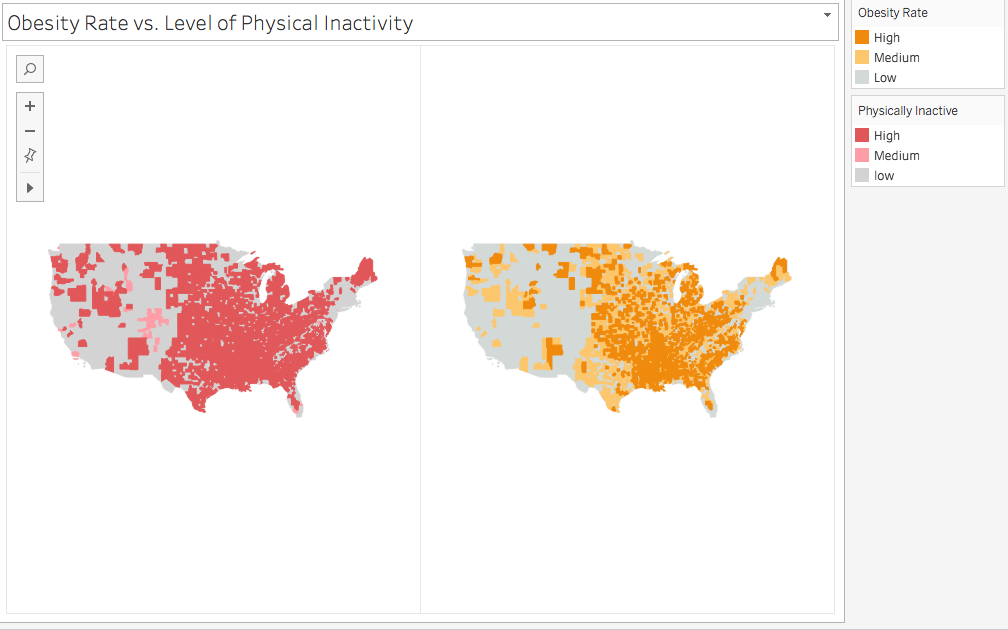 Map representation of obesity rate and physical inactivity displayed using separate colors